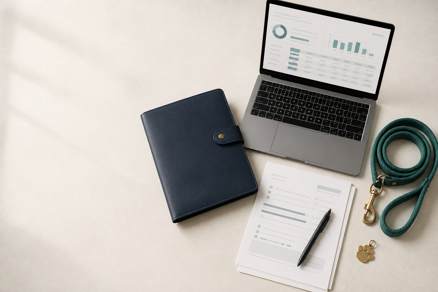 Organized pet-care business workspace with laptop, forms, folio, and leash